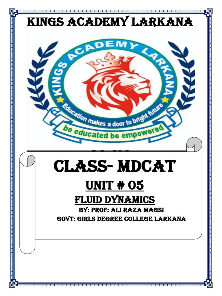 Chapter 5 Fluid Dynamics MDCAT by Prof Ali Raza Magsi | PDF | Fluid ...