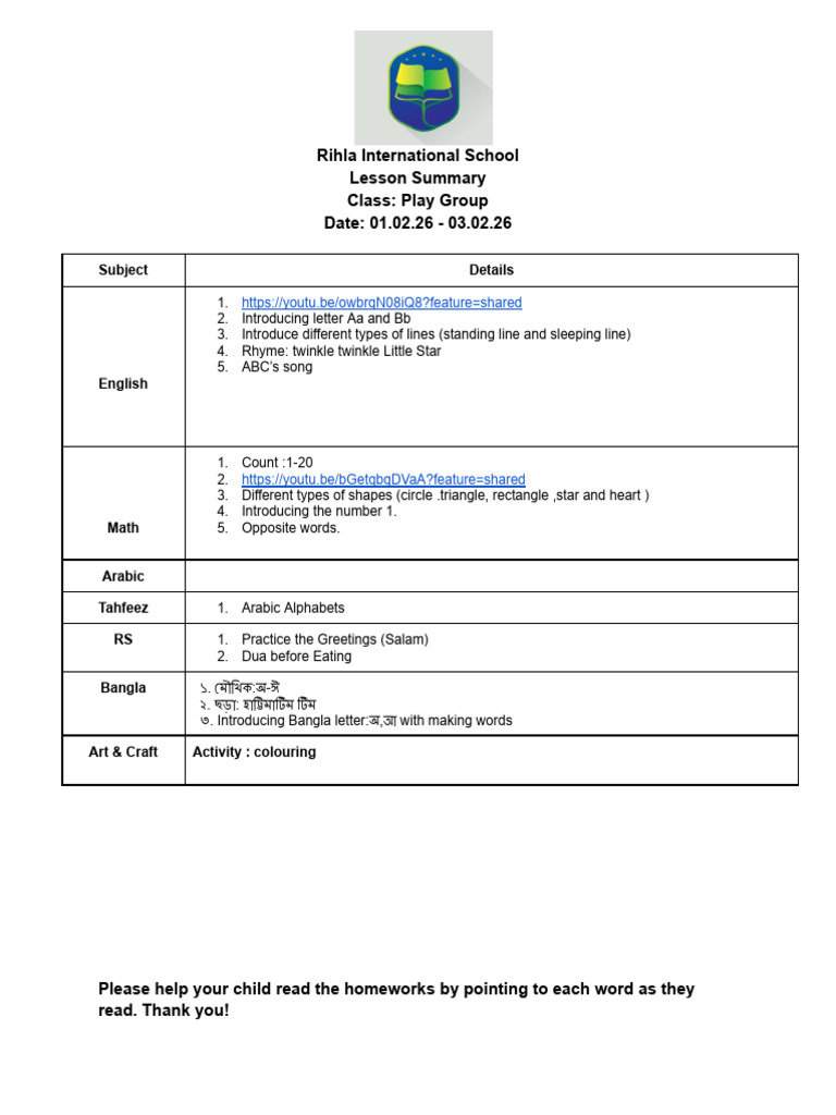 Playgroup Lesson Summary 01.02.26 To 03.02.26 | PDF