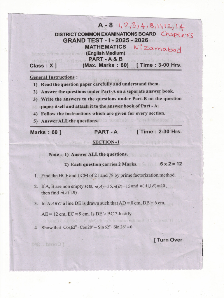 NZB Grand Test1 Maths 1 2 3 4 8 11 12 14 Chapters | PDF