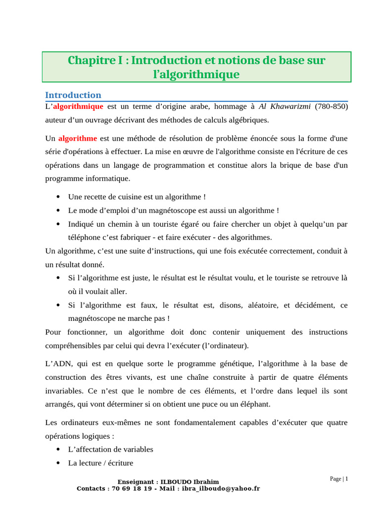 Algorithme - Chapitre I - Introduction Et Notions de Base Sur L ...