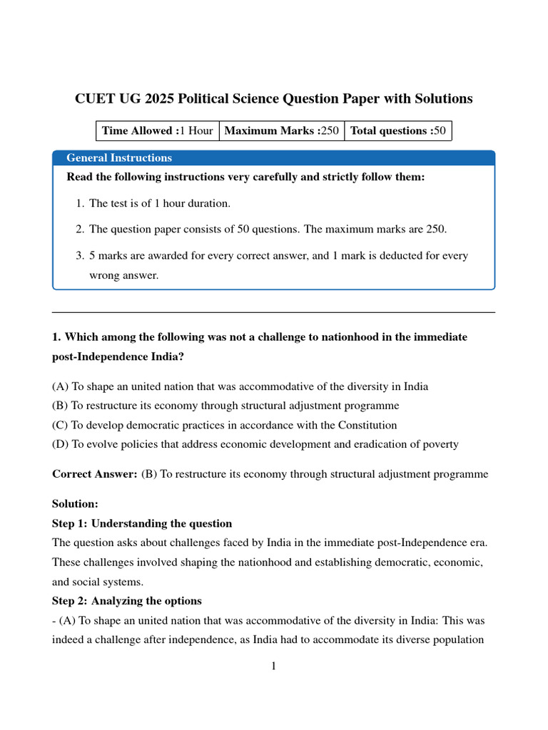 CUET UG 2025 Political Science Question Paper With Solutions Copy Sol ...