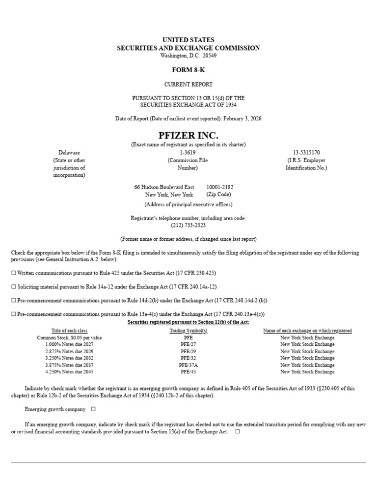 Pfizer Inc.: United States Securities and Exchange Commission Form 8-K ...