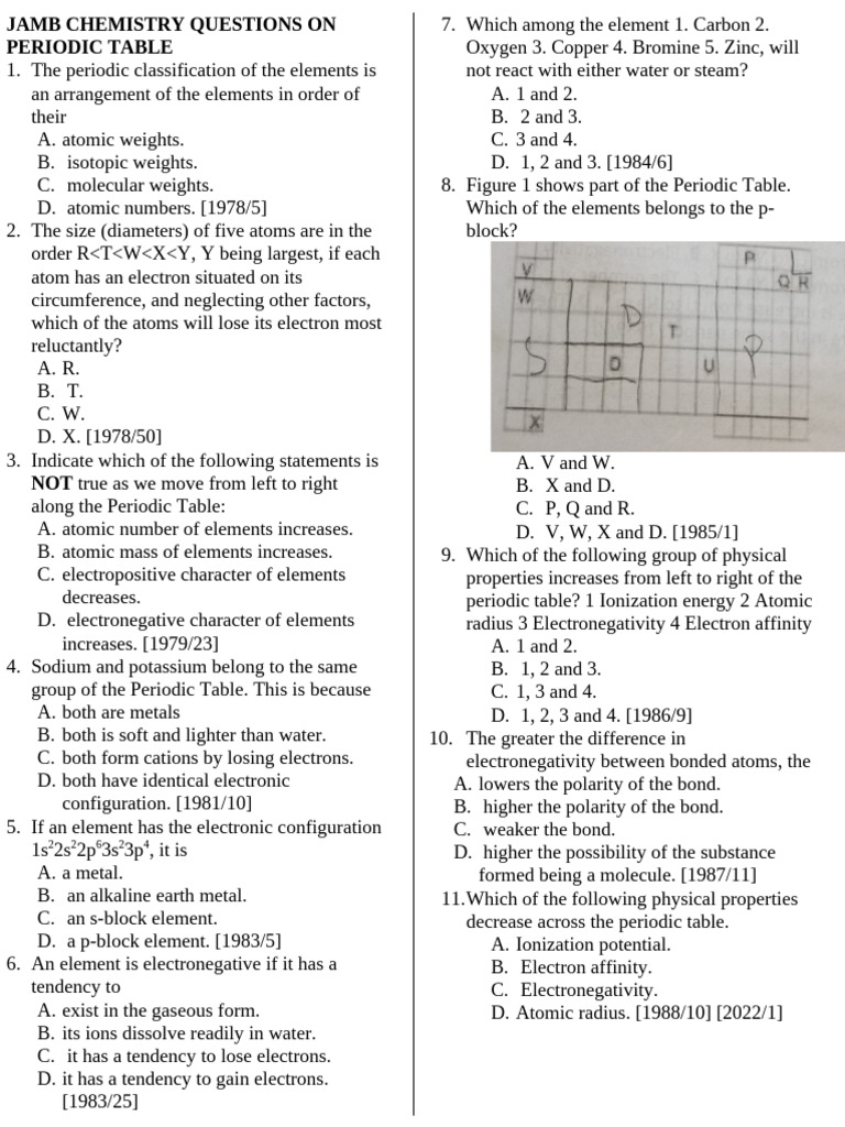 Jamb Chemistry Questions On Periodic Table | PDF | Ionic Bonding ...