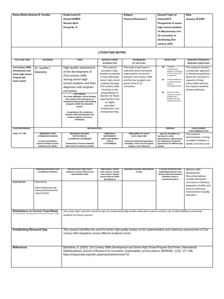 1st Source - Literature Matrix JOVELLAR | PDF | Methodology | Cognition