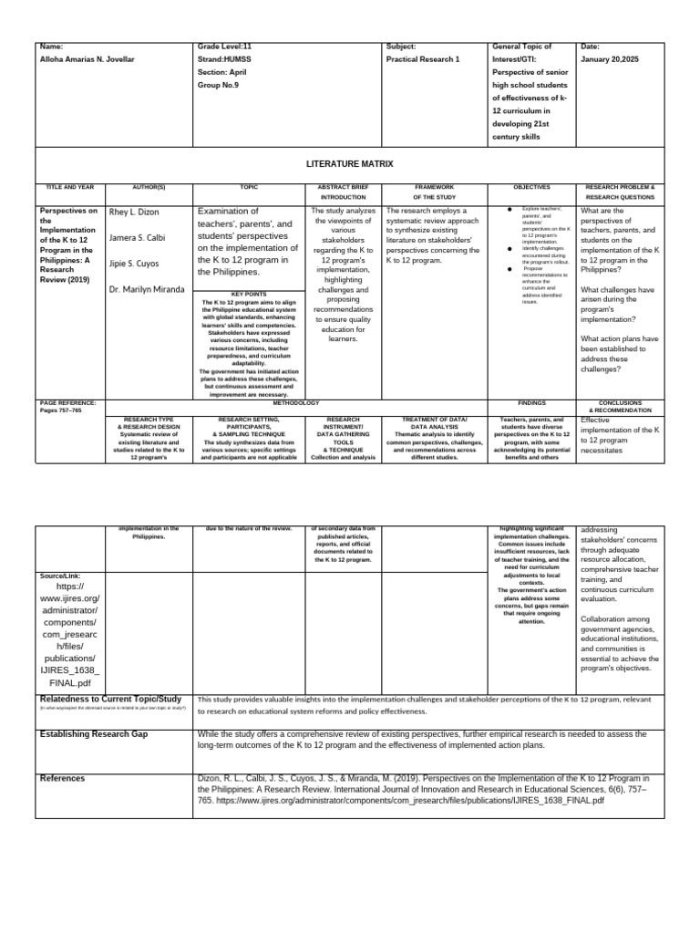 3rd Source - Literature Matrix JOVELLAR | PDF | Cognition