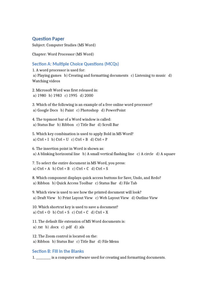MS Word Complete Question Paper | PDF | Microsoft Word | Window (Computing)