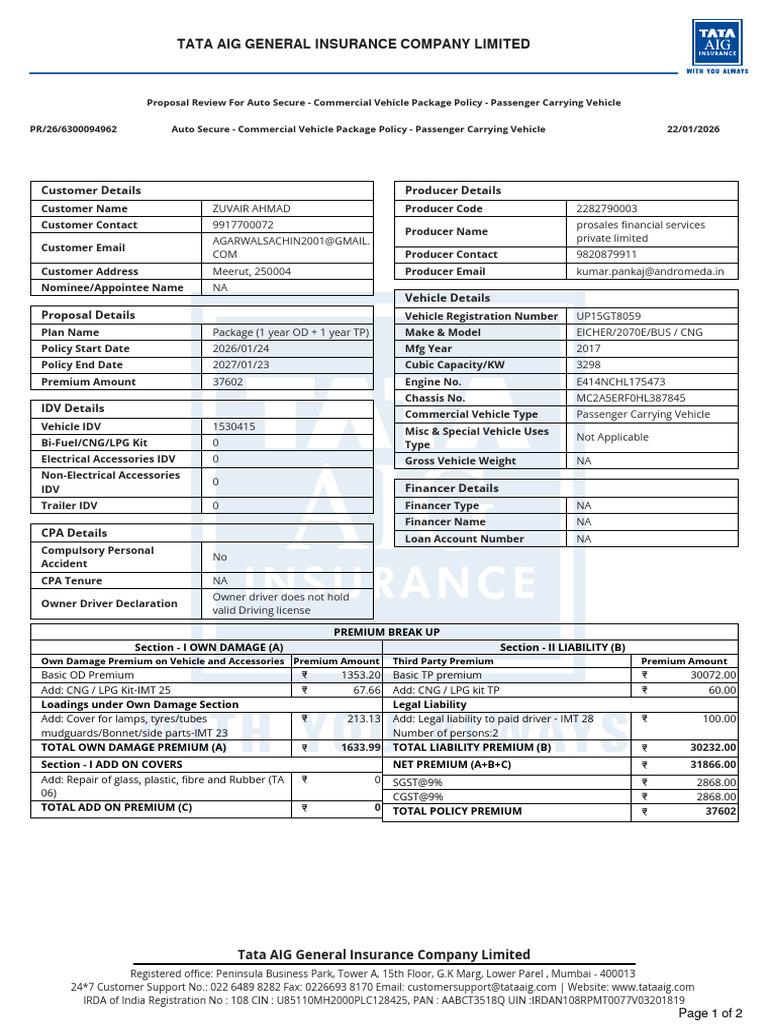 Tata AIG Motor Review Proposal - 3188 - PR - 26 - 6300094962 | PDF ...