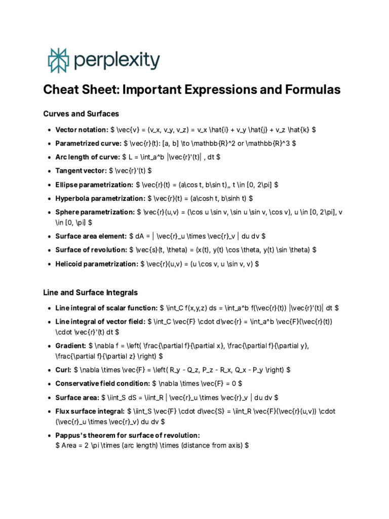 Cheat Sheet - Important Expressions and Formulas | PDF | Integral ...