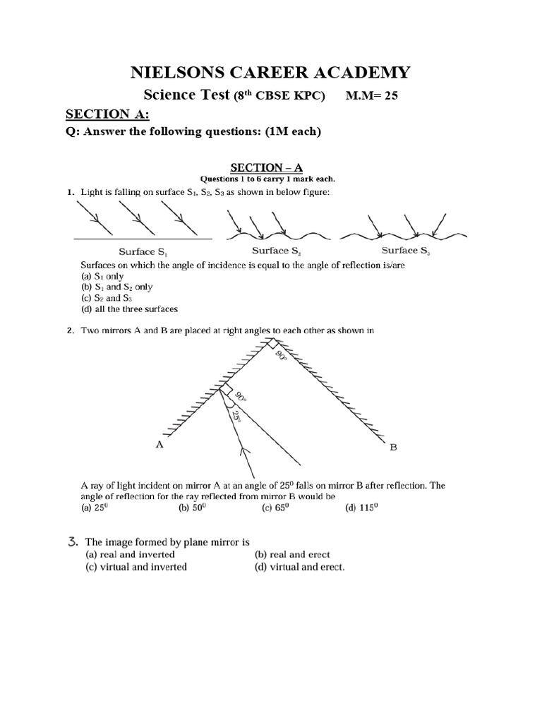 8th Science Reflection of Light Test 25M | PDF