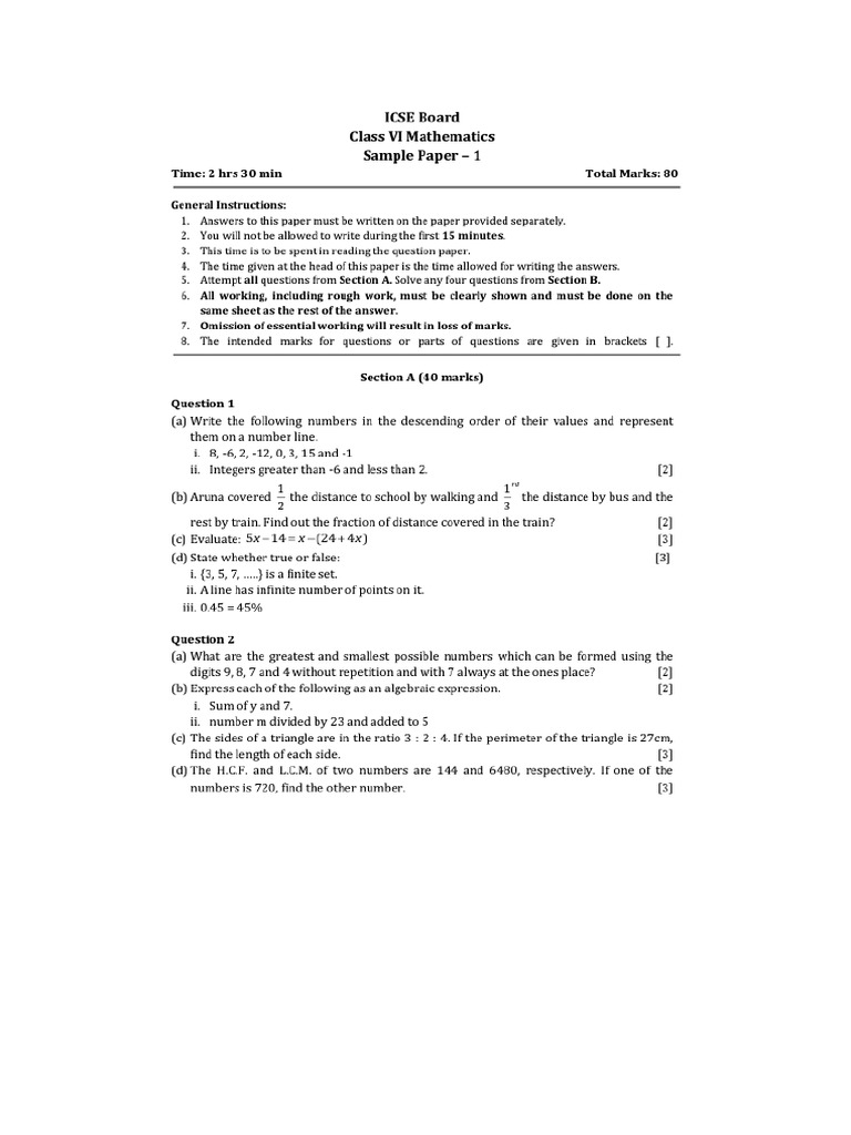 ICSE Maths Sample Papers | PDF