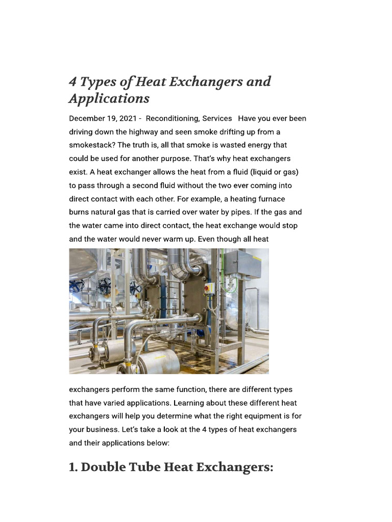 4 Types of Heat Exchangers and Applications | PDF