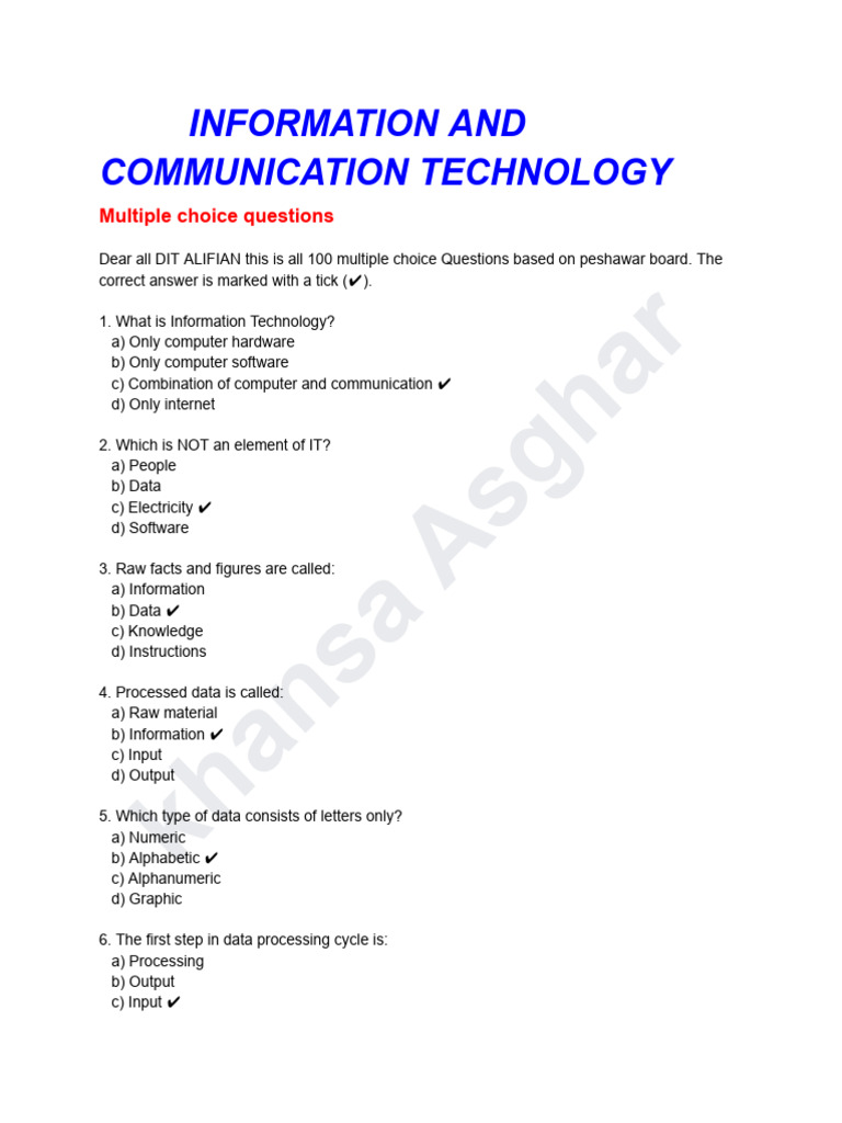 Ict 100 Mcqs Paper Based | PDF | Computer Network | Network Topology
