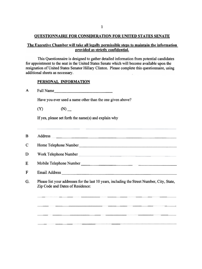 Questionnaire For Prospective Senate Appointees | PDF | Lobbying In The ...