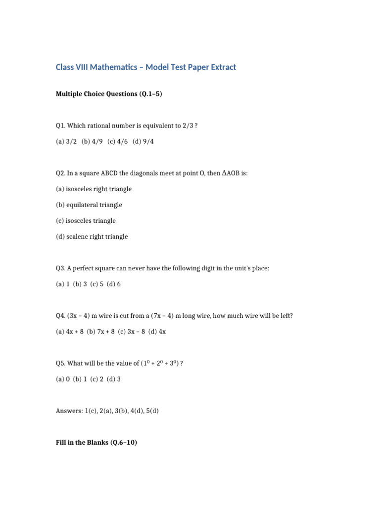 Class VIII Maths Model Test Set - B | PDF | Elementary Geometry ...