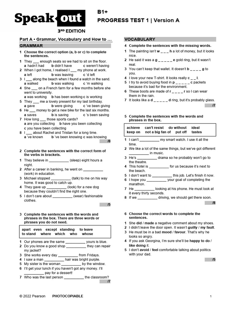 SO3 B1+ Progress Test 1A | PDF | Toys