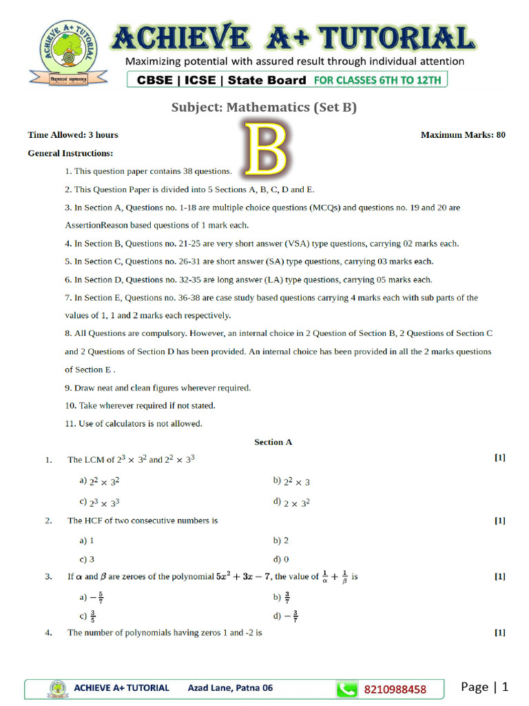 Achieve Mathe Test 21012026 Set B | PDF