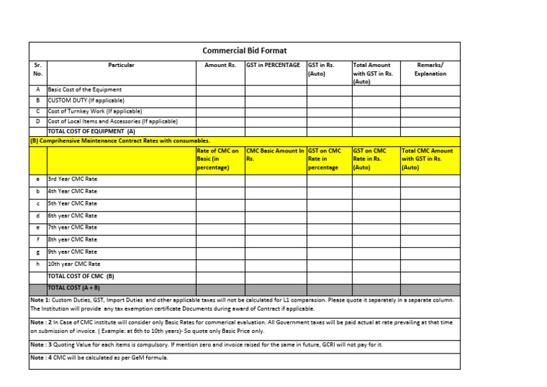 Commercial Bid Format | PDF