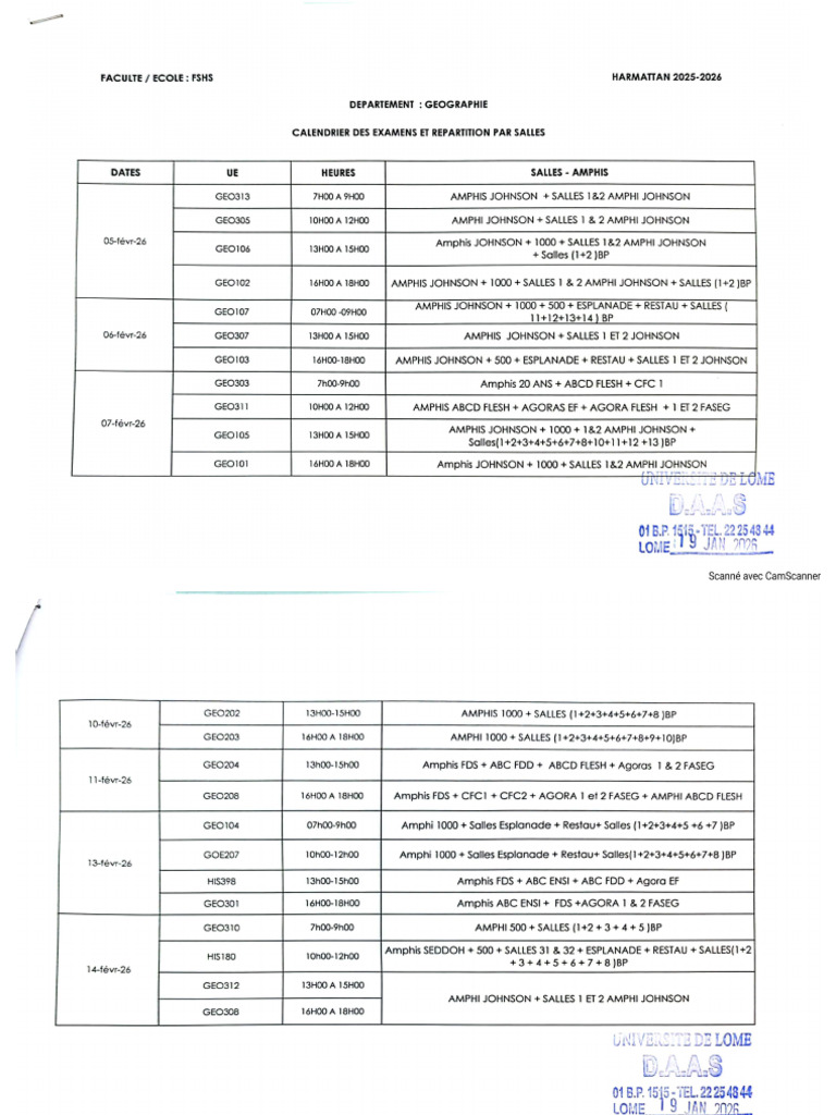 FSHS-Géographie Exam Calend Repart ITR PDF | PDF