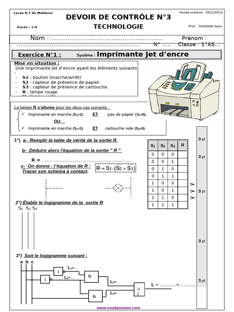 DEVOIR DE CONTRÔLE N°3-Imprimante-2013-1AS | PDF | Imprimante ...