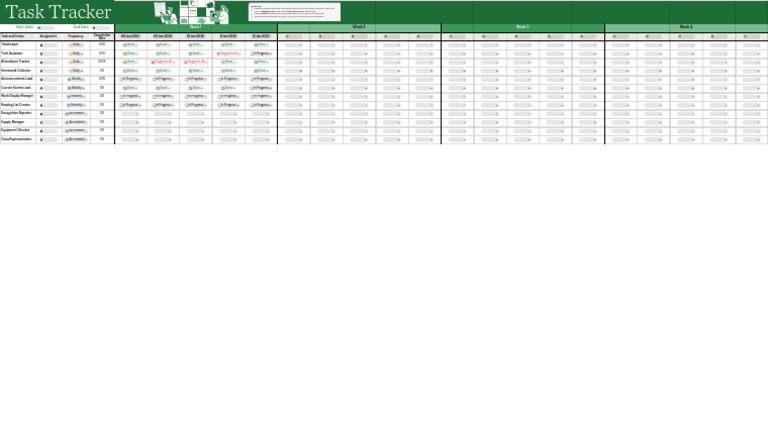 Classroom Task Tracker Sheet in Green White Modernist Grid Style | PDF