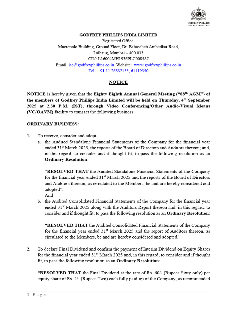 Godfrey Phillips Agm Notice | PDF | Electronic Voting | Login