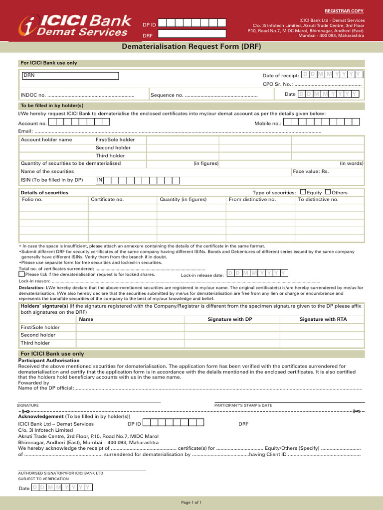 Dematerialisation Request Form Only For NRI | PDF | Securities (Finance)