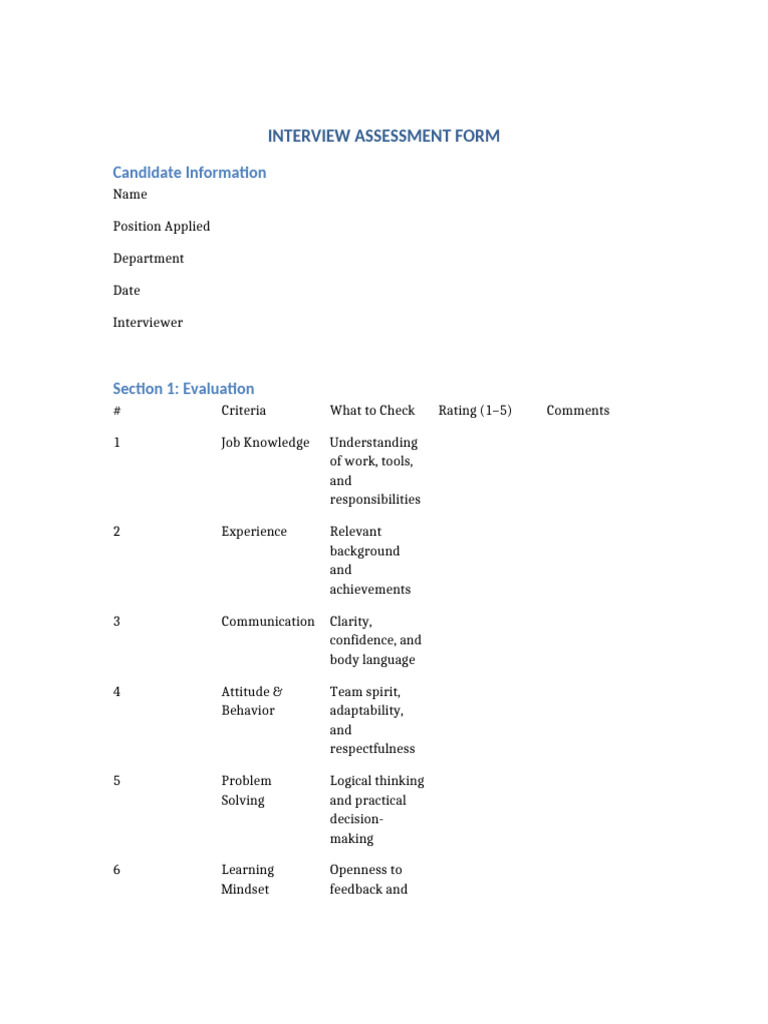 Interview Assessment Form With Reference Consent | PDF | Body Language ...