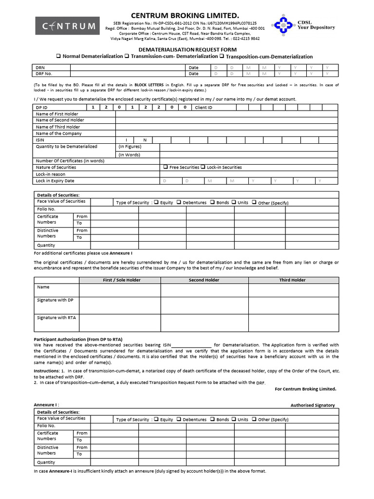 3.1 Dematerialisation Request Form | PDF | Securities (Finance ...