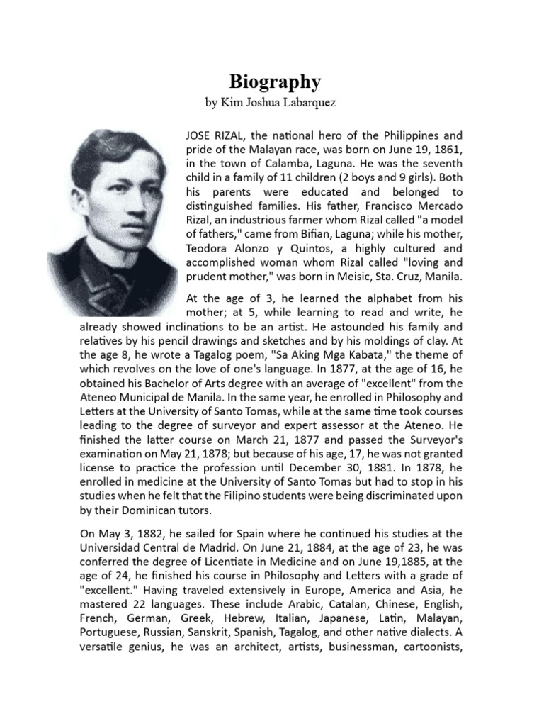 Jose Rizal Biography - Kimlabarquez | PDF