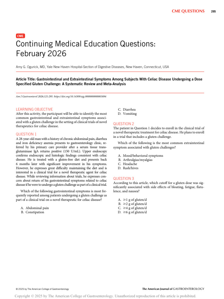 Continuing Medical Education Questions: February 2026 | PDF | Coeliac ...