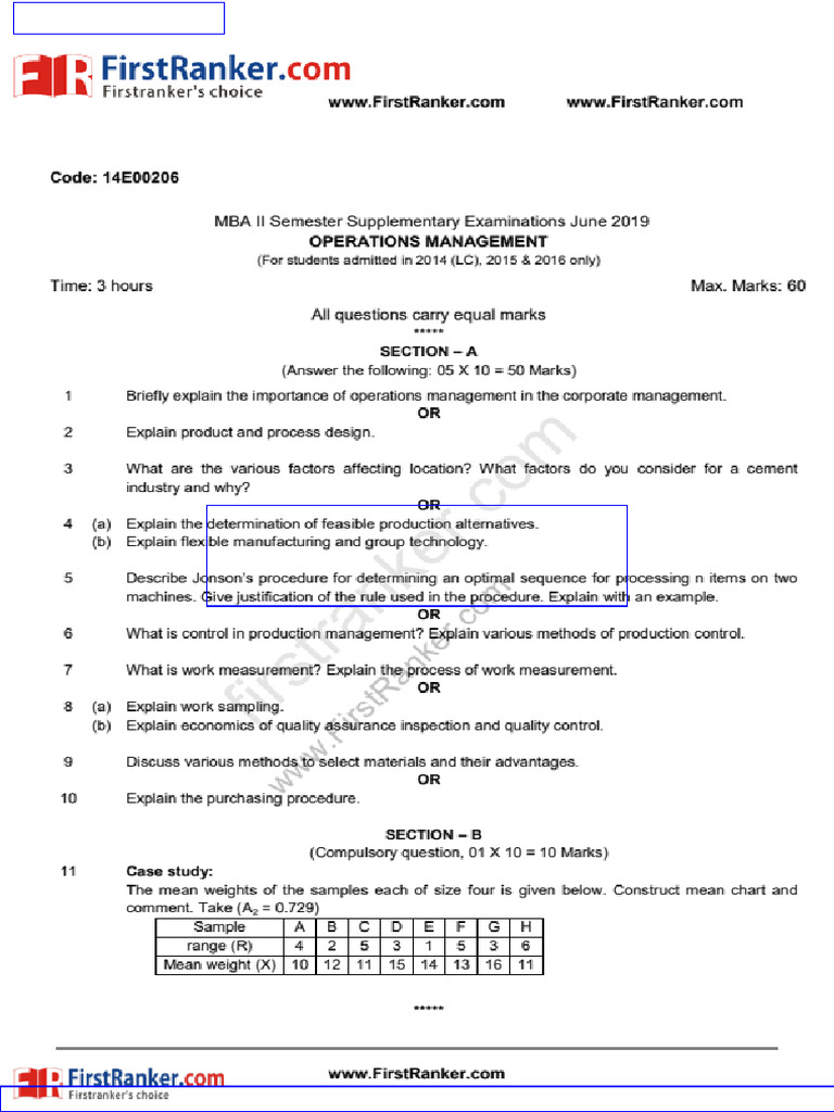 FR 14e00206 Operations Management Question Paper | PDF