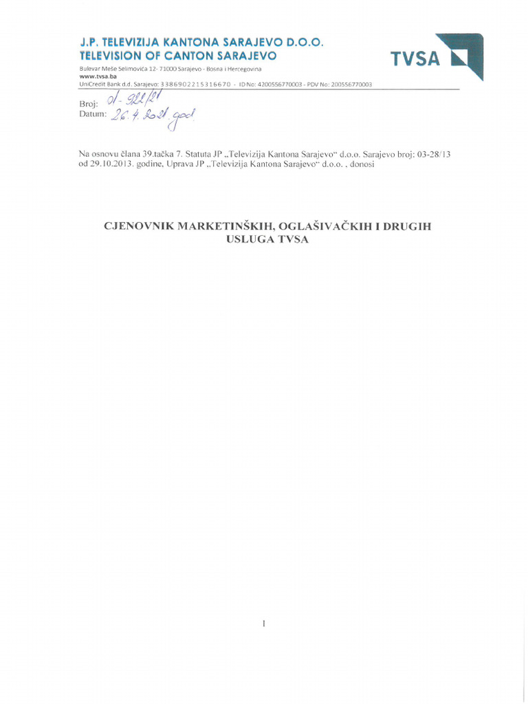 Cjenovnik Tvsa | PDF