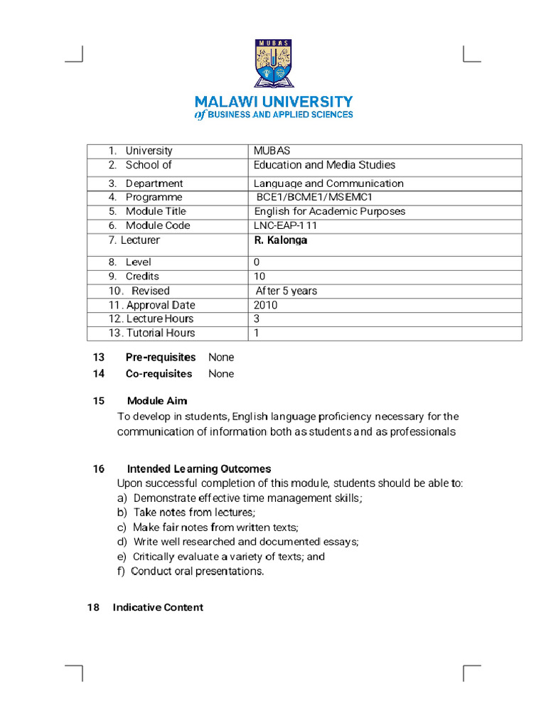 Eap 1 Course Outline - Phoenix | PDF