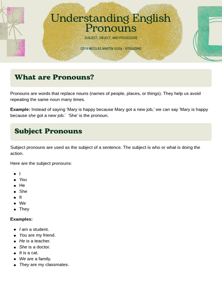 Understanding English Pronouns | PDF | Pronoun | Noun