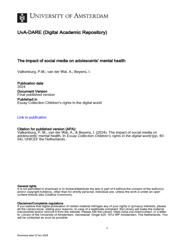 The Impact of Social Media On Adolescents Mental Health | PDF | Mental ...