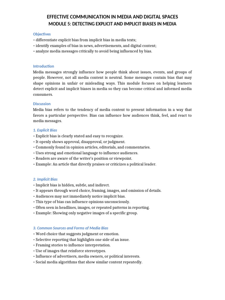 Module 5 Detecting Explicit and Implicit Biases | PDF | Bias | Stereotypes