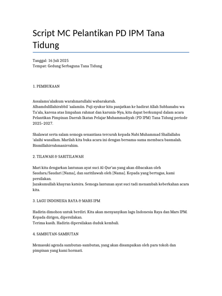 Script MC Pelantikan PD IPM Tana Tidung | PDF