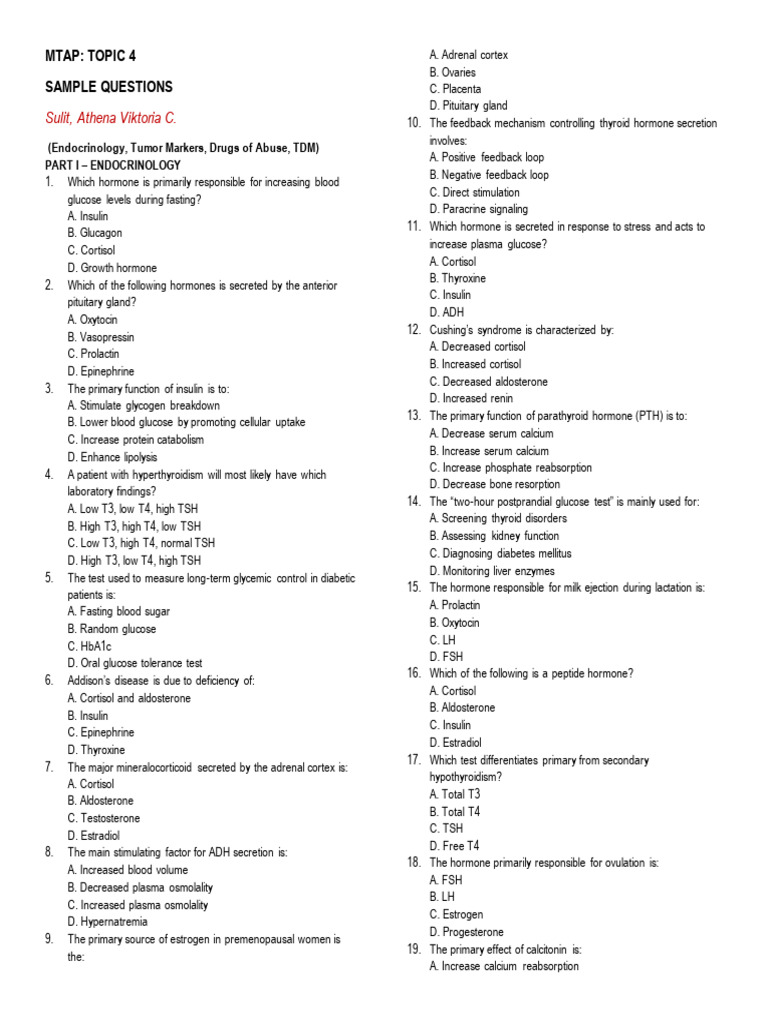 Mtap Topic 4 Sample Questions | PDF | Cortisol | Diabetes