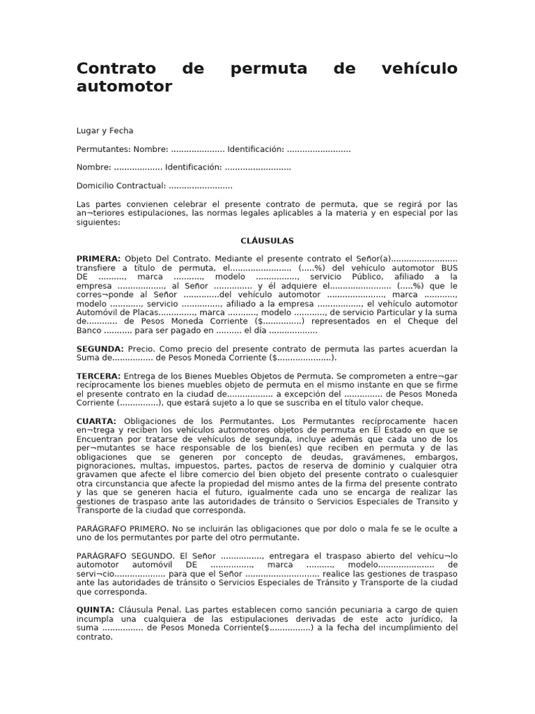 Contrato de Permuta de Vehiculo Automotor | PDF | Economias
