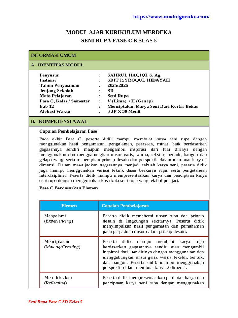 Modul Ajar Seni Rupa Kelas 5 Unit 12 (Modulguruku - Com) | PDF