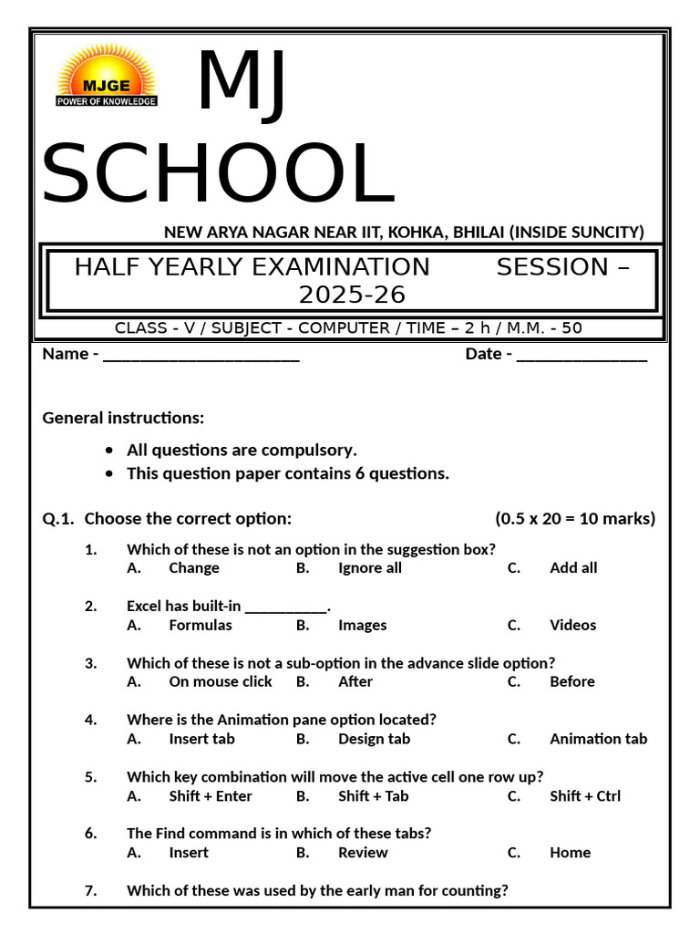 Hy Class 5 Computer Question Paper | PDF | Microsoft Excel | Computing