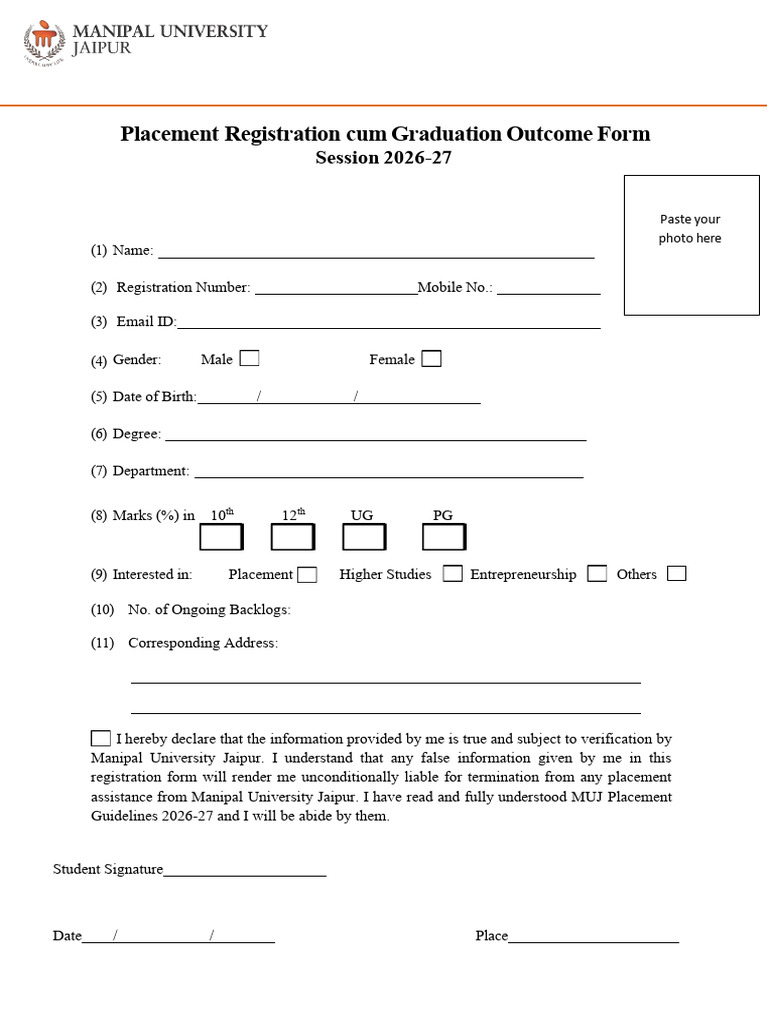 Placement Registration Form 2026-2027 | PDF