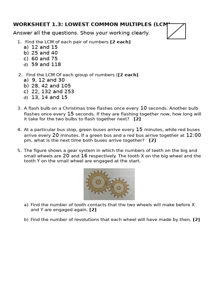 Worksheet 1.3 - Lowest Common Multiples (LCM) | PDF