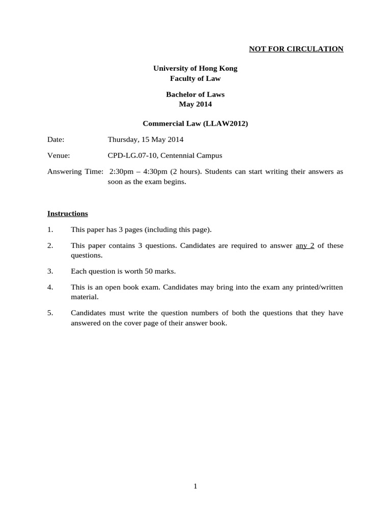 Not For Circulation University of Hong Kong Faculty of Law Bachelor of ...