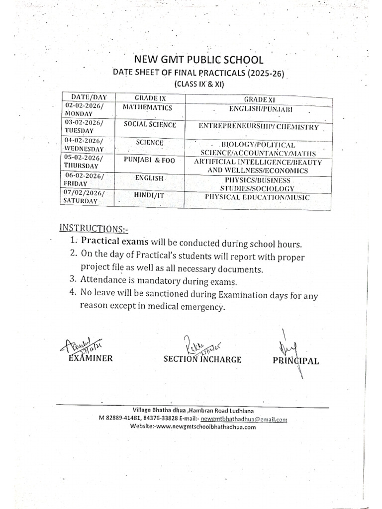 Final Practical Datesheet of IX and XI | PDF