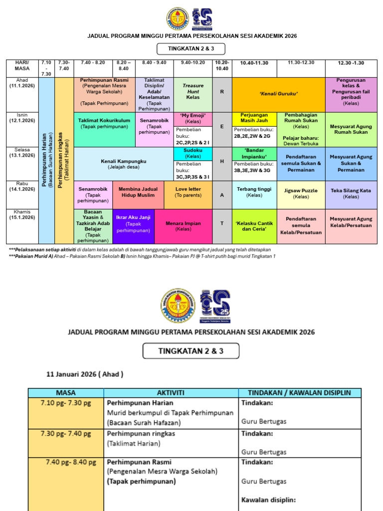 Tingkatan 2&3 Jadual Program Minggu Pertama Persekolahan 2026 | PDF