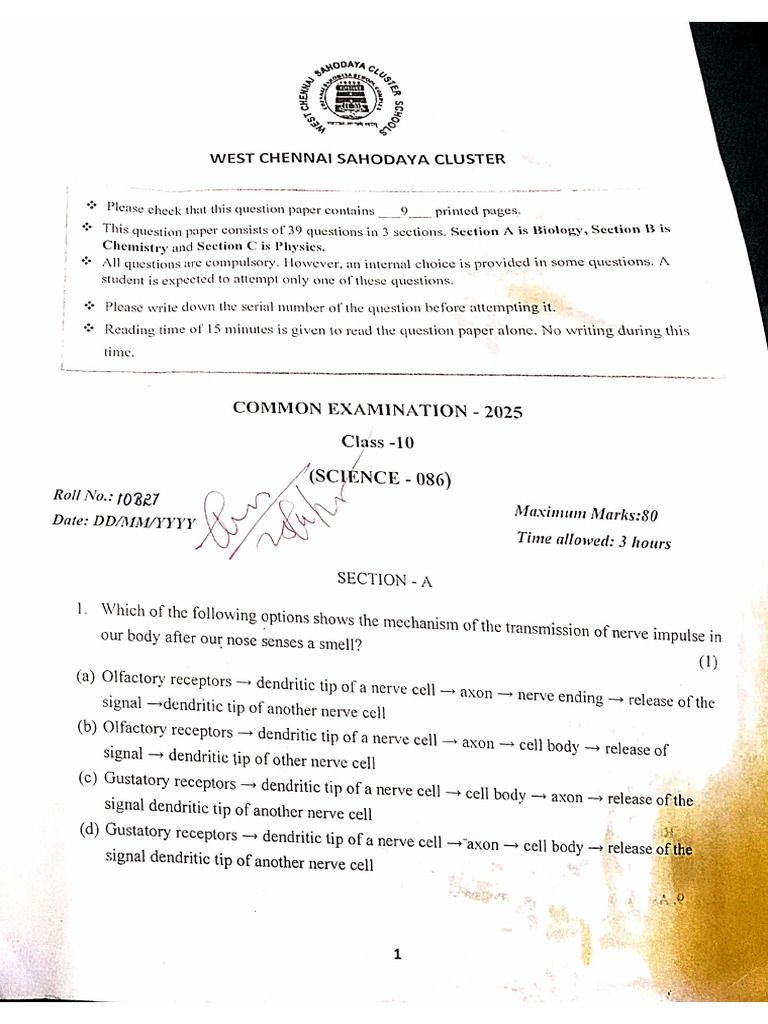 West Chennai Sahodya Cluster Examination Science Paper | PDF