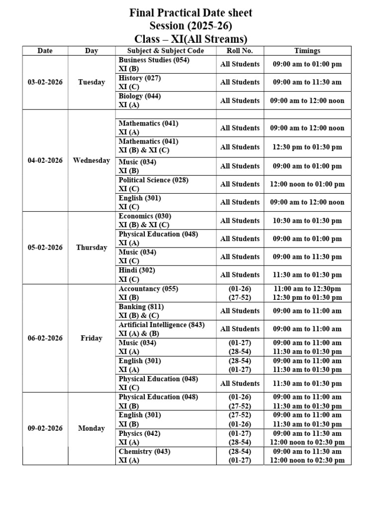 Final Xi Practical Datesheet 2025-26 | PDF