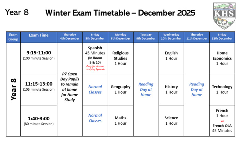 KHS Year 8 December 2025 Exam Timetable | PDF