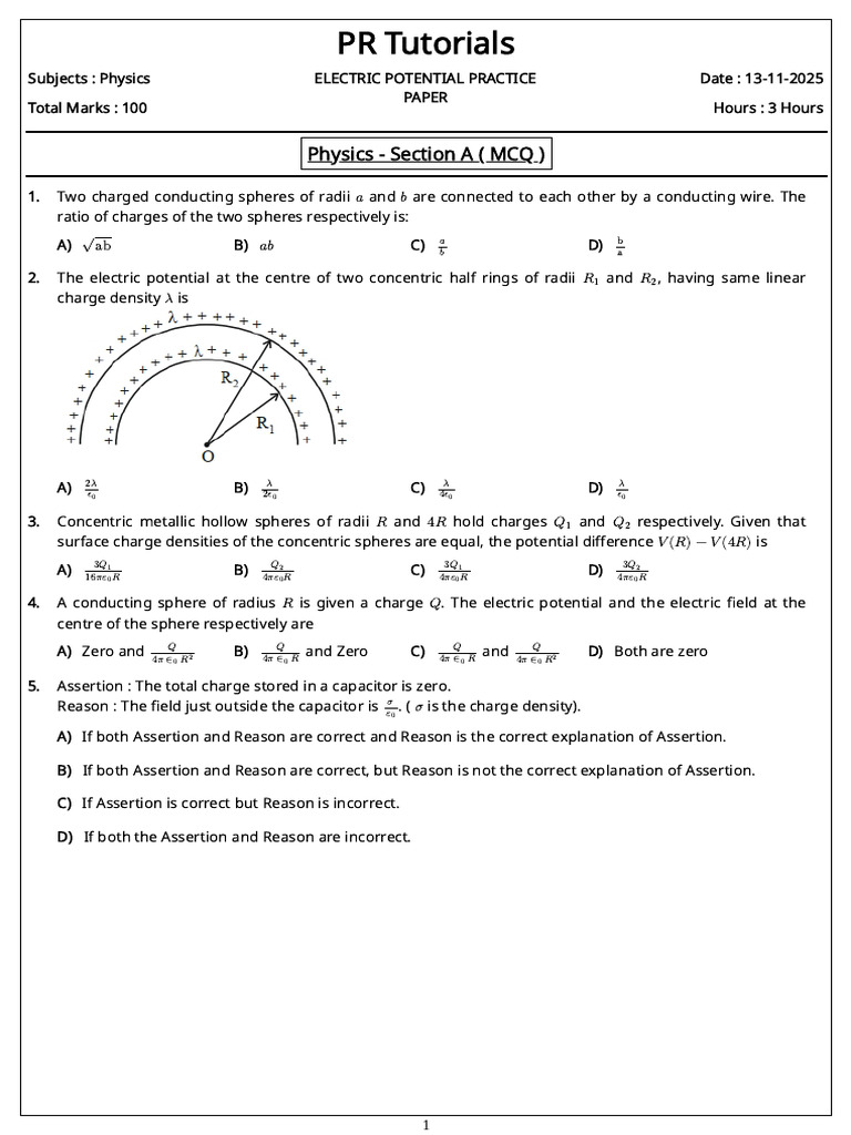 Jee Xii - Physics - Chapter - Electric Potential - Practice Paper - QP ...